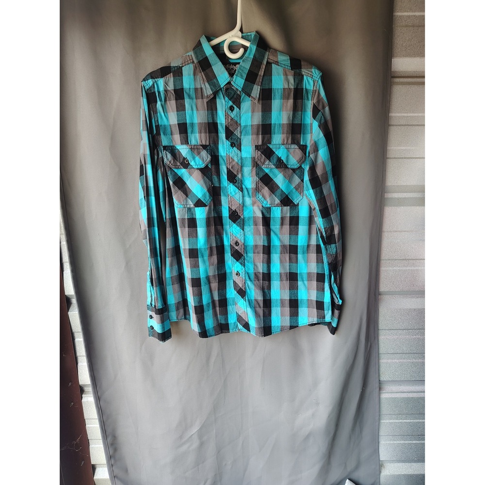 Eighty Eight Mens Buffalo Plaid Western Button Down Shirt Turquoise Black Small